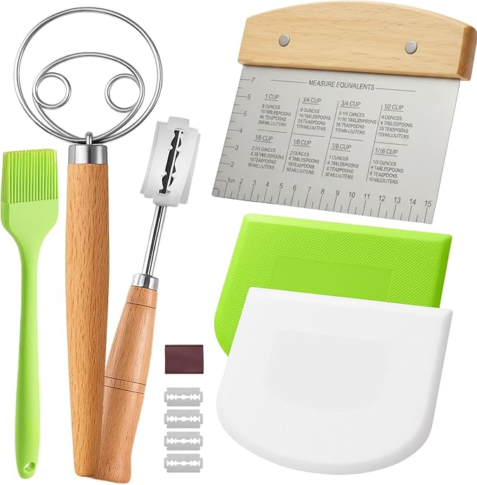 BOORIKA Sourdough Bread Baking Tool Set with Danish Dough Whisk, Bread Lame & Blades, Bench Scraper, Dough Scrapers and Silicone Brush – Sourdough Starter Kit