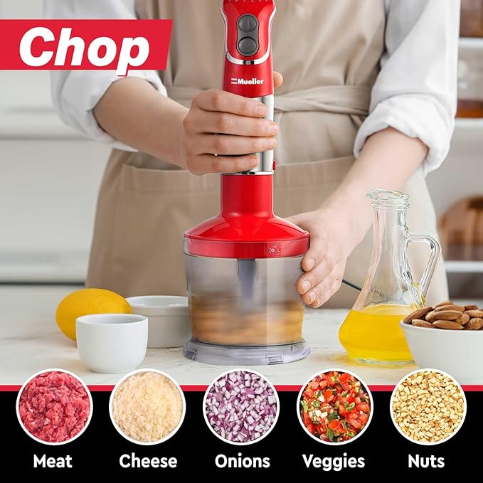 Mueller Multistick 800W 4-in-1 Immersion Blender Handheld, 12 Speed Hand Mixer - Turbo Boost, Heaviest Duty Copper Motor, Titanium Blades Hand Blender, Milk Frother Wand, Whisk, Beaker, Chopper, Red
