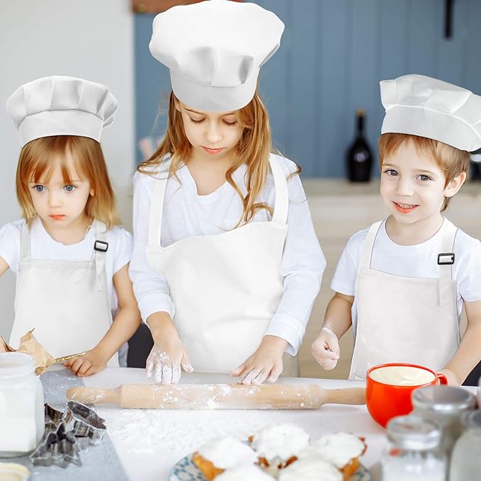 CHENGU 8 Pcs Kids Apron and Chef Hat Set Child Aprons 2 Pocket for Boy Girl Toddler Cooking Painting, Ages 2-13(White,Medium)