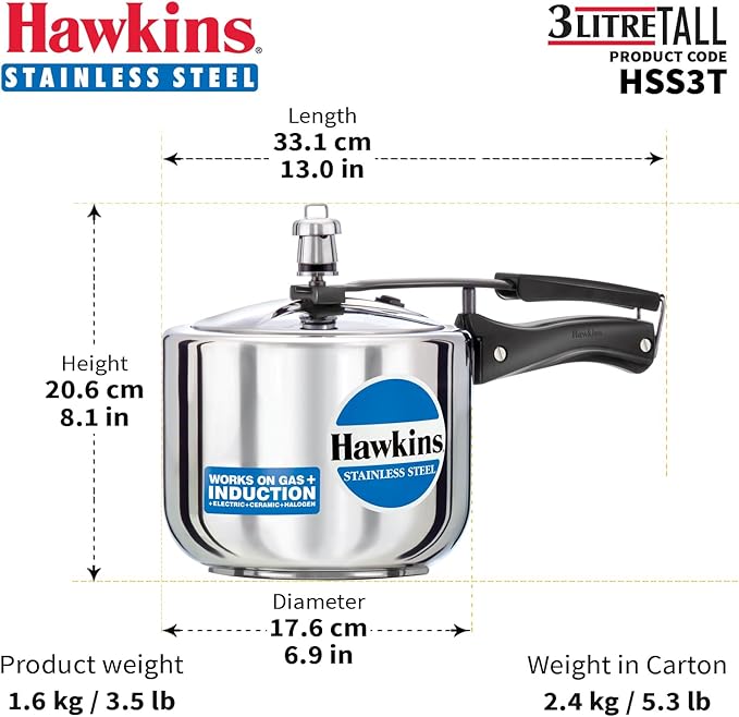 Hawkins Pressure Cooker, Stainless Steel Inner Lid Cooker, Tall Design Cooker, Induction Cooker, Silver Hss3T, 3 Liter 3 Litre