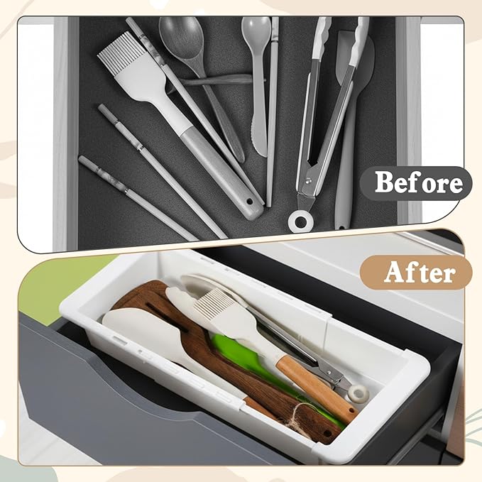 2Pcs Expandable Sliding Drawer Tray with Adjustable Dividers, White Plastic Deep Desk Drawer Dividers Organizers Expandable 11.4 to 18.1 Inches For Utensils Office Bathroom Bedroom Kitchen