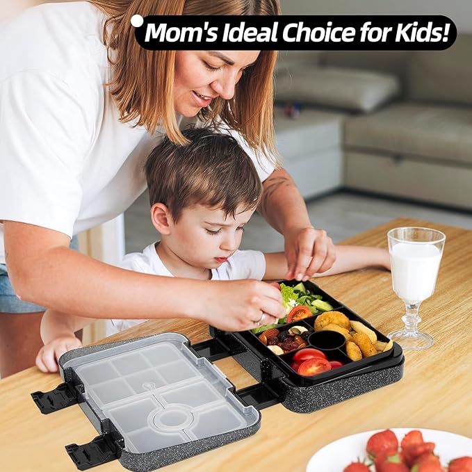 Bento Lunch Box for Kids, 6 Compartments BPA Free, Dishwasher Safe Back to School Snack Bento Lunch Containers Boxes, Ideal Portion Sizes for On-the-Go Meal, Shiny Black