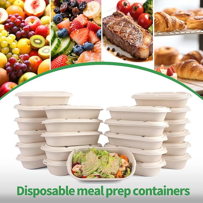 50Pcs(24oz) Disposable Meal Prep Food Containers with Lids,Lunch Salads Microwaveable and Freezable Compostable Safe Non Plastic Food Storage，Biodegradable Take Out Food Bento Boxes.