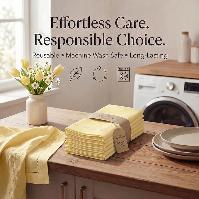 Urban Villa Cloth Napkins Set of 12 (20x20)100% Cotton Hemstitch Napkins Cloth Washable Durable Reusable Absorbent Table Dinner Napkins Cloth for Easter Decorations Restaurant Weddings Parties -Yellow