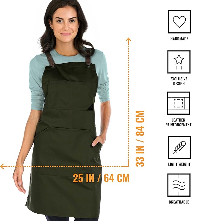 Under NY Sky Essential Army Green Apron – Cross-Back with Durable Twill and Leather Reinforcement – Adjustable for Men and Women – Pro Chef, Tattoo Artist, Baker, Barista, Bartender, Server Aprons