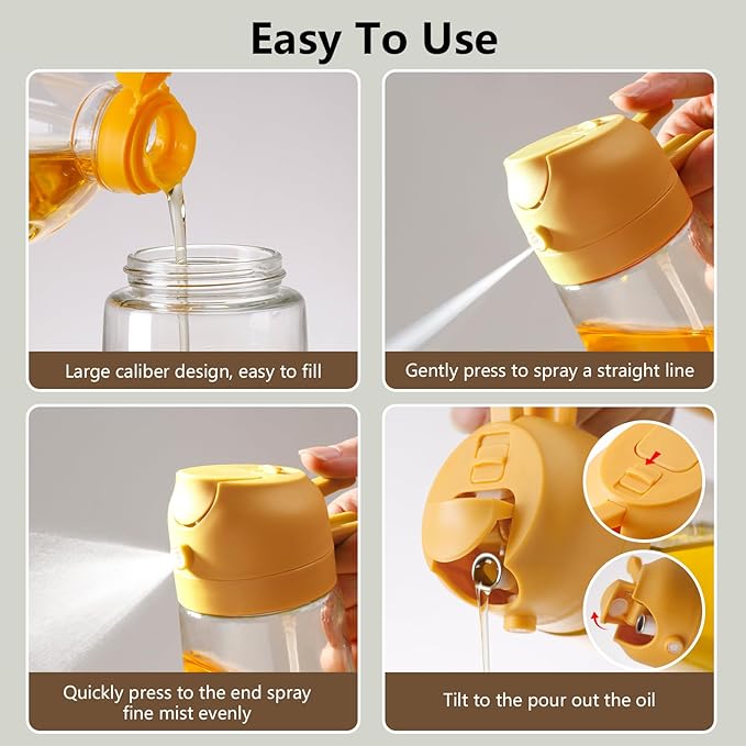 SWEET VIEW Oil Sprayer for Cooking, 16oz/470ml 2 In 1 Glass Olive Oil Sprayr & pourer for Kitchen, Air Fryer, Cooking, Salad, BBQ (Yellow)