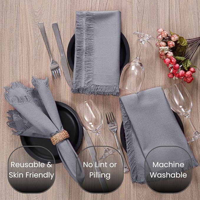 Cloth Dinner Napkins Fringes 100% Cotton Set of 6 - Perfect for Dining Special Occasions Wedding Holidays Christmas - Soft Durable Washable - Elegant 20x20 Inch Cloth Napkins Dark Grey