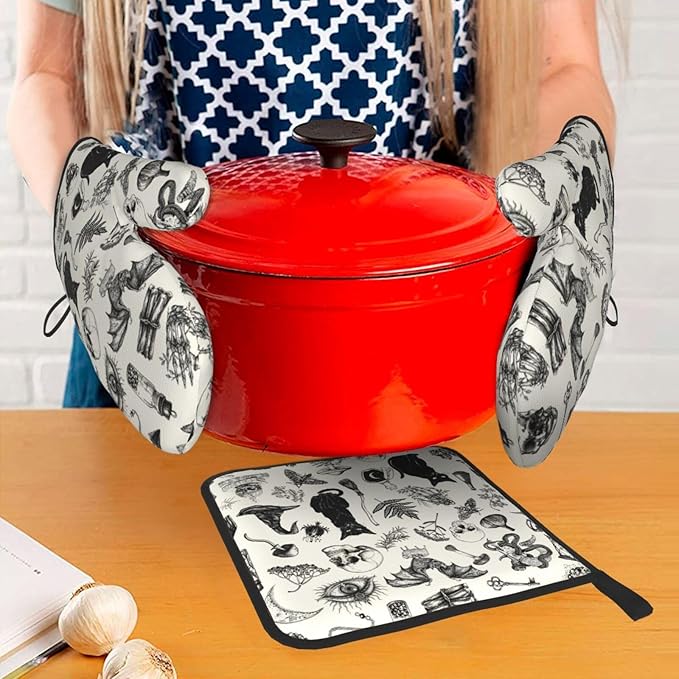 Witch Gothic Pot Holders and Oven Mitts Set, Witchy Wicca Black Cat Skull Kitchen Oven Gloves Hot Pads, Halloween Goth Kitchen Mitts for Cooking Baking Grilling BBQ, Gothic Witchy Gifts for Women