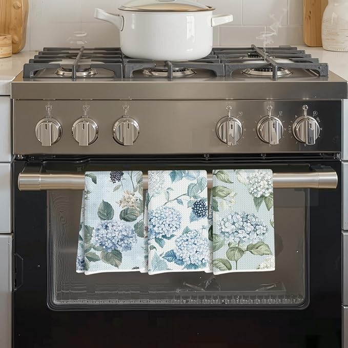 3 Pcs Blue Hydrangea Kitchen Towels, Watercolor Decorative Absorbent Microfiber Dish Cloth Tea Towel, Rustic Waffle Soft Hand Towels for Farmhouse Home Bathroom, Housewarming Gifts