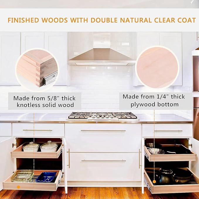 Mulush 10”W x 21”D x 3”H Soft Close Slide Out Wood Drawer Organizer for Kitchen, (Cabinet Opening>11.5 inches for Bottom Assembly, Opening= 11 inches for Side Assembly)