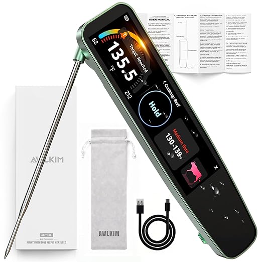 AWLKIM Instant Read Meat Thermometer Digital, 3.8" Touchscreen No App Needed – Rechargeable Waterproof Kitchen Food Thermometer Probe for Cooking, Grill, BBQ, Candy, Oil Frying, ±0.5°F
