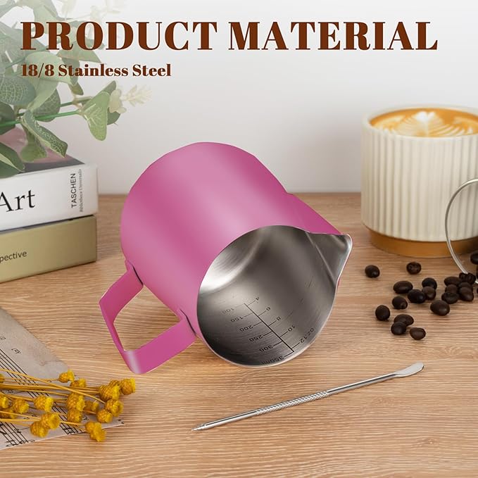 Amrules Milk Frothing Pitcher, 12 oz Milk Frother Cup with Clear Scale, 304 Stainless Steel Cappuccino Espresso Machine Accessories for Barista Coffee Bar with Latte Art Pen, Rose Red