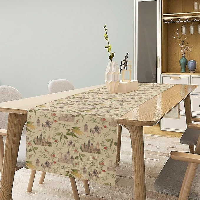 Dragon Table Runner, Mid Century Magical Castle Knights Beige Art Printed Runner for Home Kitchen Dining Table Living Room Decor Fabric 1 Panel W13xL60in