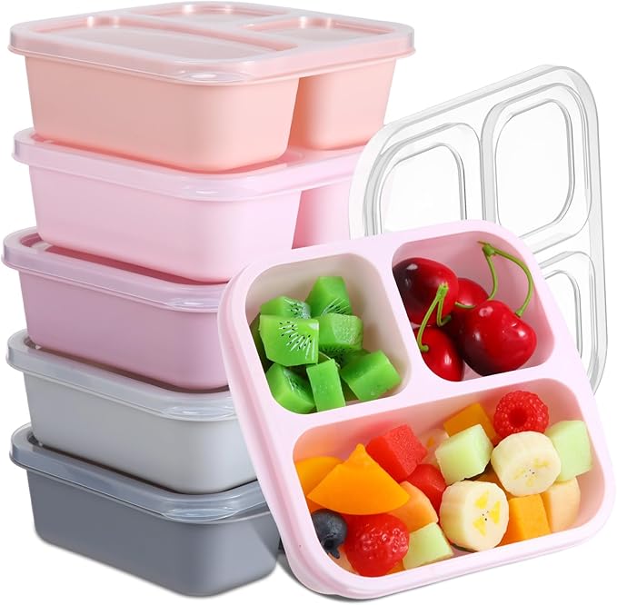 Honeydak 5 Pack Snack Containers 3 Compartment Bento Snack Boxes Divided Meal Prep Containers with Lids Reusable Adults Lunch Food Storage Box for School Work Travel(Pink Gray)