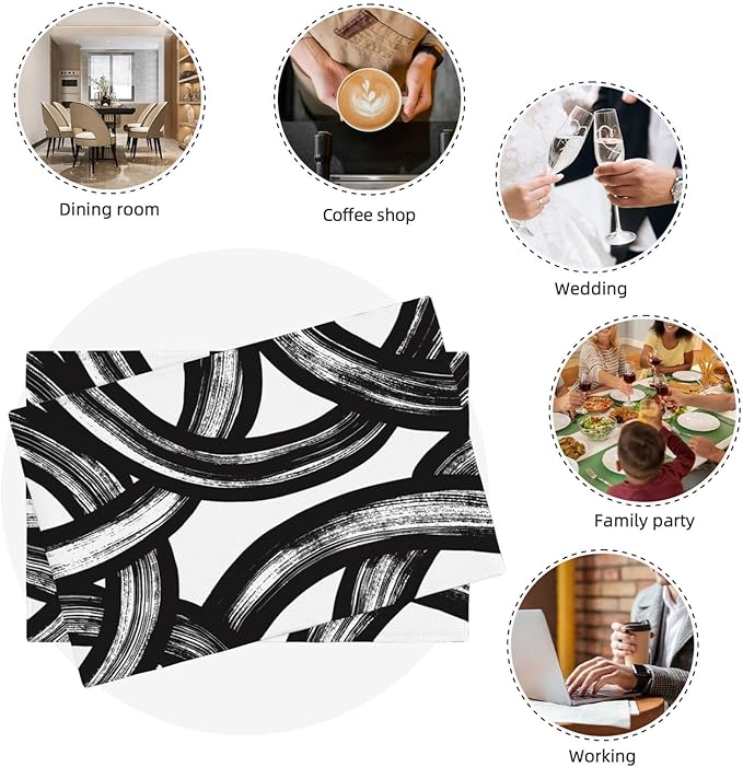 Black and White Curve Patterned Linen Placemats Set of 4, Washable Non-Slip Heat-Resistant Modern Abstract Art Decorative Kitchen Table Mats for Kitchen Dining Table Home Party Farmhouse, Home Decor