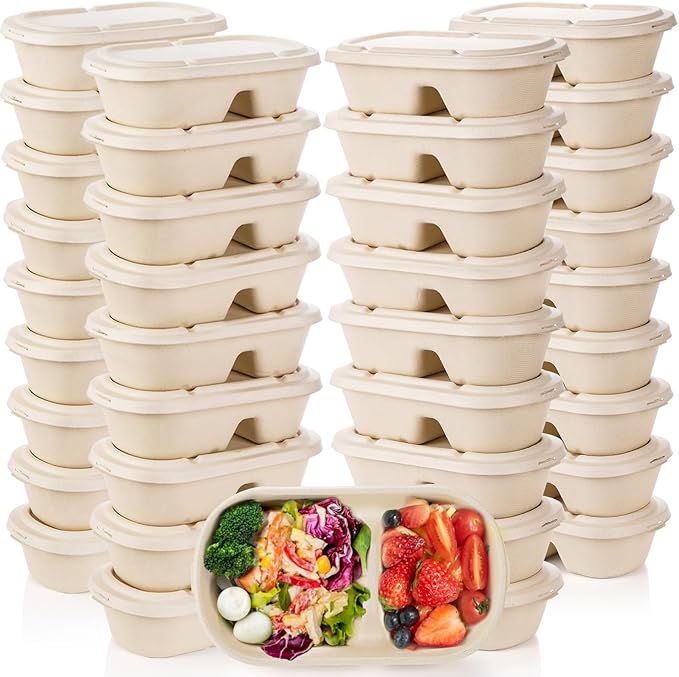 Yesland 50 Pcs Compostable Take Out Food Containers with Lid, 33 oz Bagasse to Go Container 2 Compartment Rectangular Disposable Paper Bowl, Eco-Friendly Meal Prep Food Container for Salad Leftovers