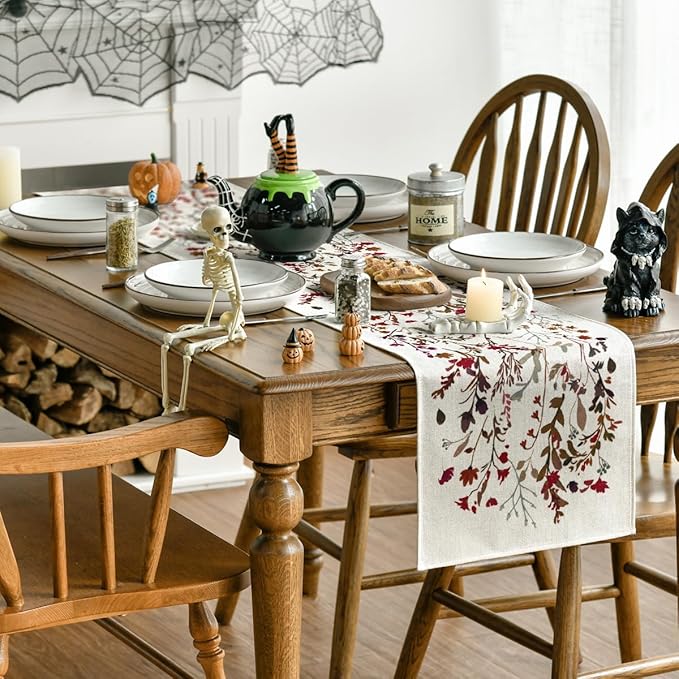Artoid Mode Weeds Flowers Leaves 210 GSM Halloween Table Runner,Seasonal Fall Kitchen Dining Table Decoration for Home Party Decor 13x72 Inch