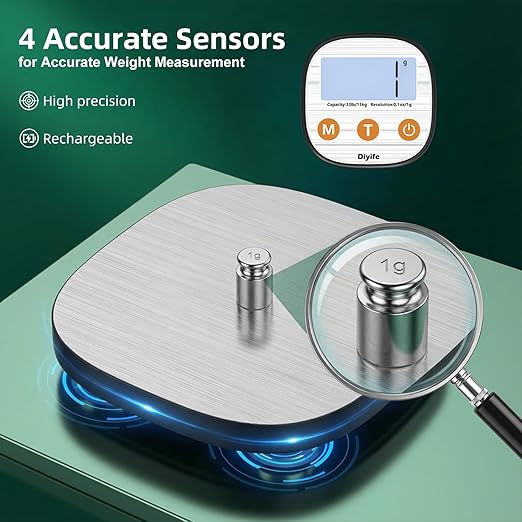 Rechargeable Kitchen Food Scale, Diyife 33lb Wireless Digital Kitchen Scale with Remote Display, 7 Units with Backlit LCD, Magnetic Stand USB Included, for Baking, Cooking, Postage (Round, Silver)