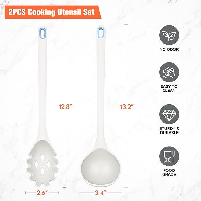 Silicone Spaghetti Spoon&Soup Ladle Cooking Utensils Set of 2,No Scratch for Nonstick Cookware,BPA Free, 450℉ Heat Resistant (White)