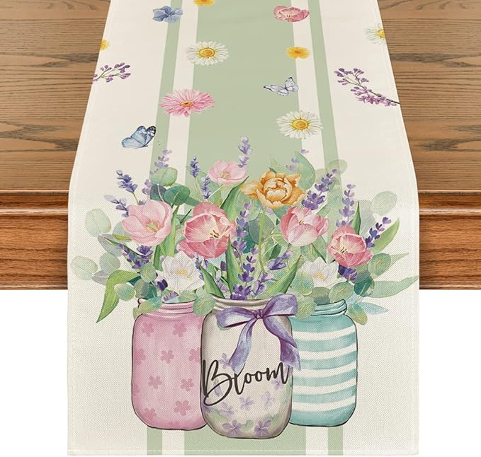 Artoid Mode Vase Bloom Tulip Lavender Summer Table Runner, Seasonal Spring Kitchen Dining Table Decoration for Home Party Decor 13x36 Inch