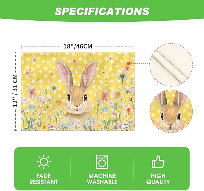 Artoid Mode Yellow Bunny Polka Dot Easter Placemats Set of 4, 12x18 Inch Flower Seasonal Spring Holiday Table Mats for Party Kitchen Dining Decoration