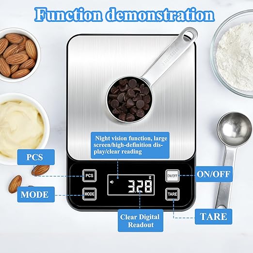 Full Waterproof Digital Scale IP67,5kg Capacity 0.1g Accuracy Kitchen Scale with Type-C Charging Tare Function Stainless Steel Platform for Baking Seafood Food Processing Hardware Counting