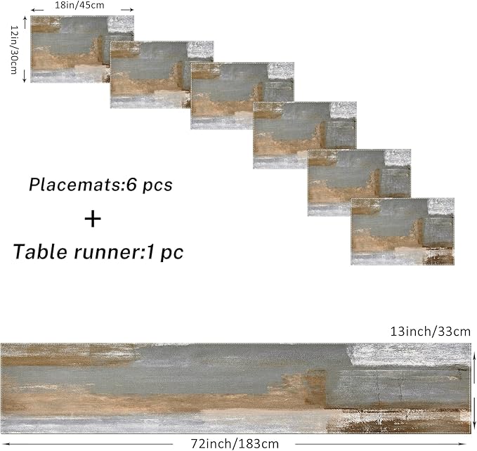 Emvency Brown Abstract Painting Black Grey Table Runner and Placemats Set of 6,White Black Grey Modern Art Dining Decor for Daily Use(1 Table Runner 72 inches Long and 6 Placemats)