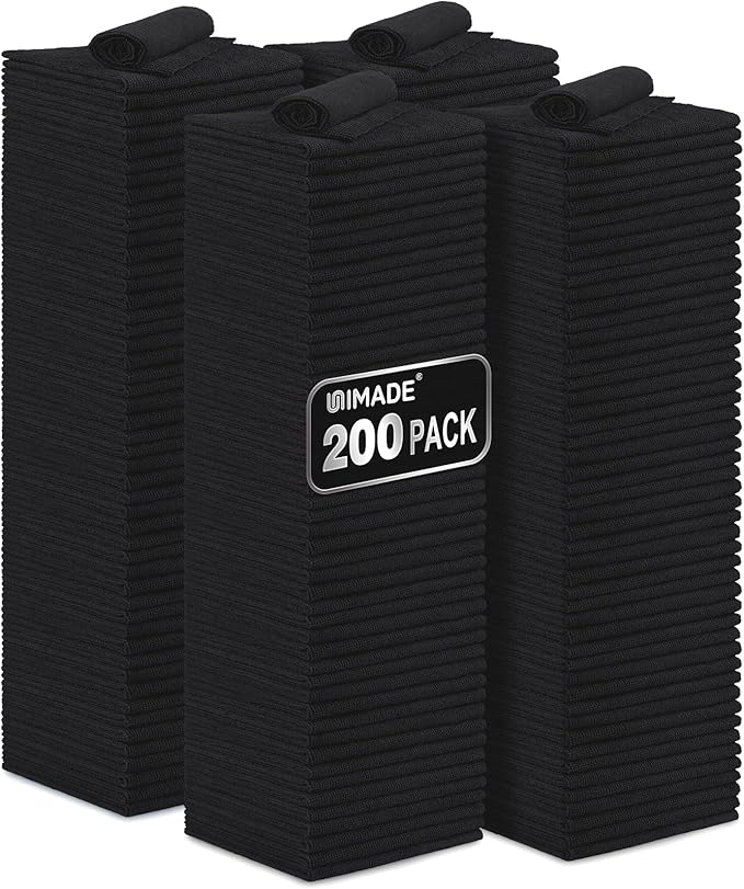 UNIMADE Microfiber Cleaning Cloth, 200 Pack Microfiber Towels for Cars Reusable Shop Rags Bulk Lint Free Cleaning Towels for Car Kitchen Automotive Bar Mechanic Restaurant Garage, 11.5"x 11.5", Black