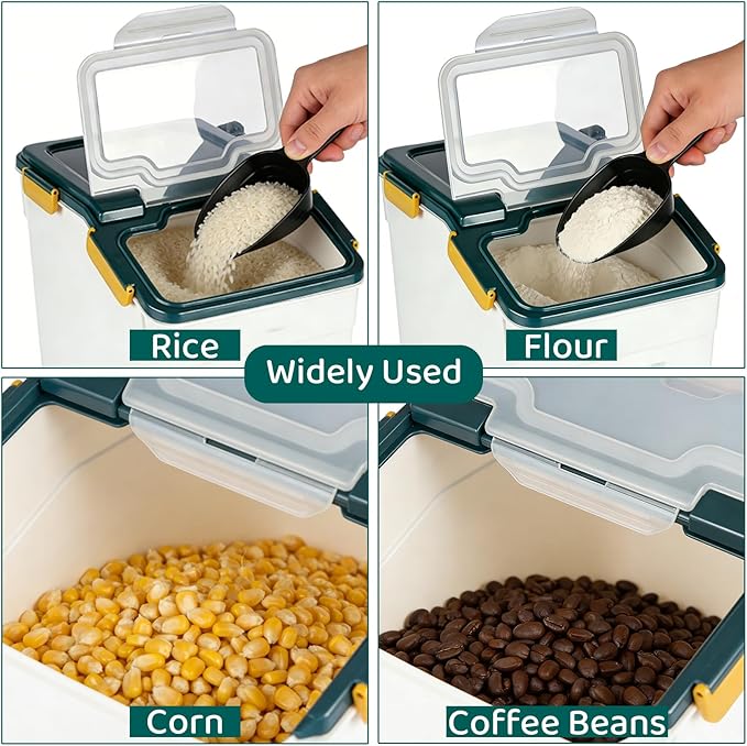 PENCK Rice Storage Container 25 lbs Large Household Flour Sugar Containers Airtight Grain Cereal Dispenser with Wheels, Locking Lid & Measuring Cup for Kitchen Pantry Organization, 2 Pack(Blue)