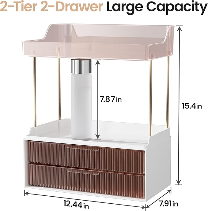 Delamu Bathroom Organizers and Storage, 2 Tier 2 Drawer Makeup Organizer Countertop, Easy to Install, Ideal for Bathroom Counter, Vanity, Ideal for Women Girls, Grapefruit