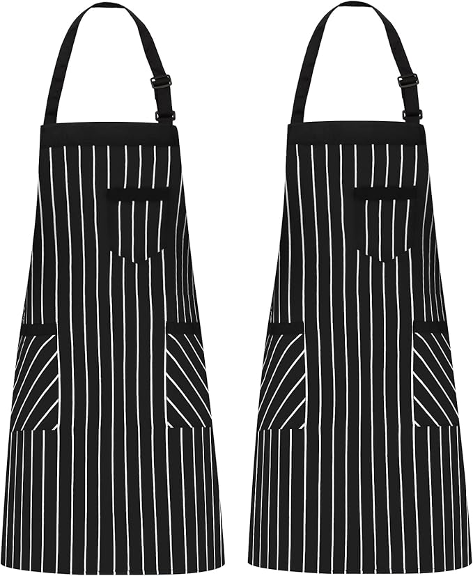 NLUS 2 Pack Cooking Aprons for Women with Pockets Adjustable Kitchen Bib Aprons for Women Men Chef, Black/White Stripe (Black/White Stripes)