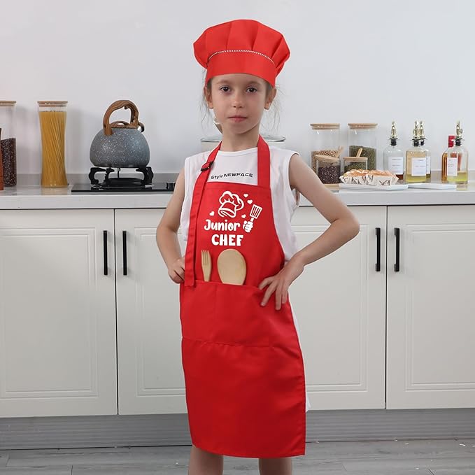 Kids Apron and Chef Hat Set, Funny Apron with 2 Pockets, Adjustable Kids Aprons for Cooking for Boys and Girls