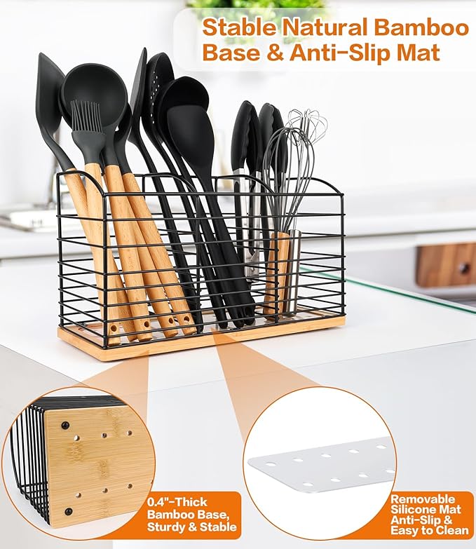 Large Utensil Holder for Kitchen Counter - 11.8"x 6.7"x 4.7", 3 Compartments Aesthetic Design, Kitchen Utensil Holder Utensil Organizer (Metal+Bamboo)