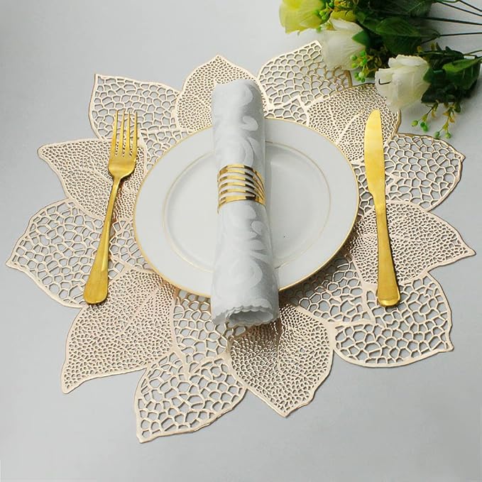 Gold Round Placemats for Dining Table Set of 6 Pressed Vinyl Metallic Table Mats Hollow Out Hibiscus Flower Place Mats for Dinner Decor Holiday Wedding Accent Centerpiece