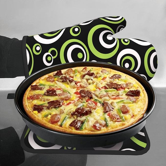 Black Green Retro - Geometric Oven Mitts and Pot Holders Set of 3, Non-Slip Heat Resistant Green and Black White Circle Pattern Kitchen Gloves for Cooking Baking Grilling, Gift for Women, Home Decor