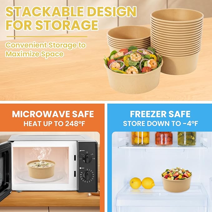90 Count 34 oz Disposable Paper Bowls (NO LIDS), Soup Bowls Disposable Salad Bowls | Microwave-Safe | for Hot Soup, Pasta, Sandwiches, Ice Cream, Cold Food