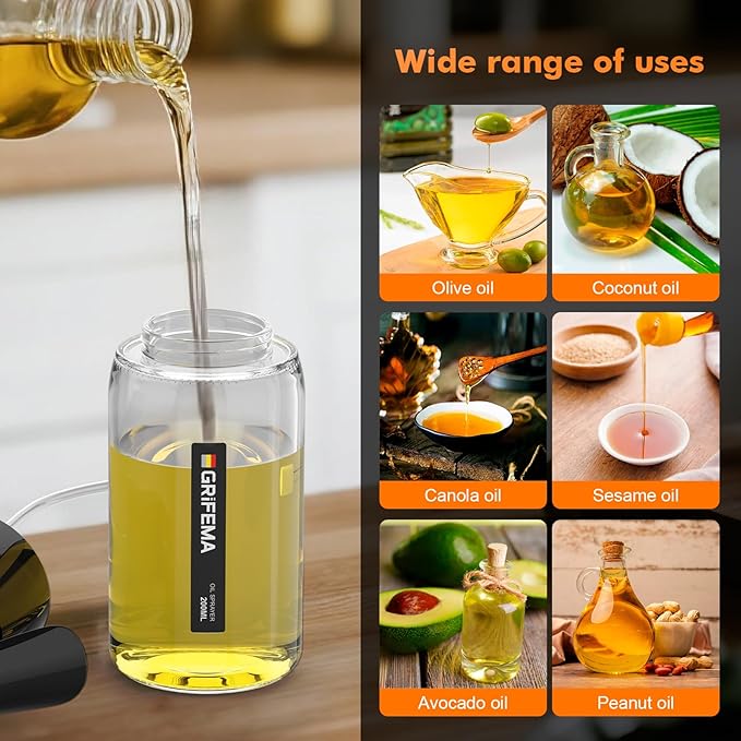 GRIFEMA Oil Spray Bottle for Cooking, 200 ml Glass Olive Oil Mister – Fine Mist Dispenser for Air Fryer, Salad, Baking, BBQ, Vinegar, Black, GE2003B