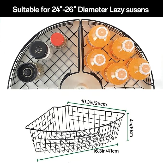 2 Pack Metal Lazy Susan Organizer Baskets with Handles – 1/4 Wedge Wire Storage Bins for 24" Lazy Susan Turntable, Kitchen Cabinet & Pantry Organizer, Black