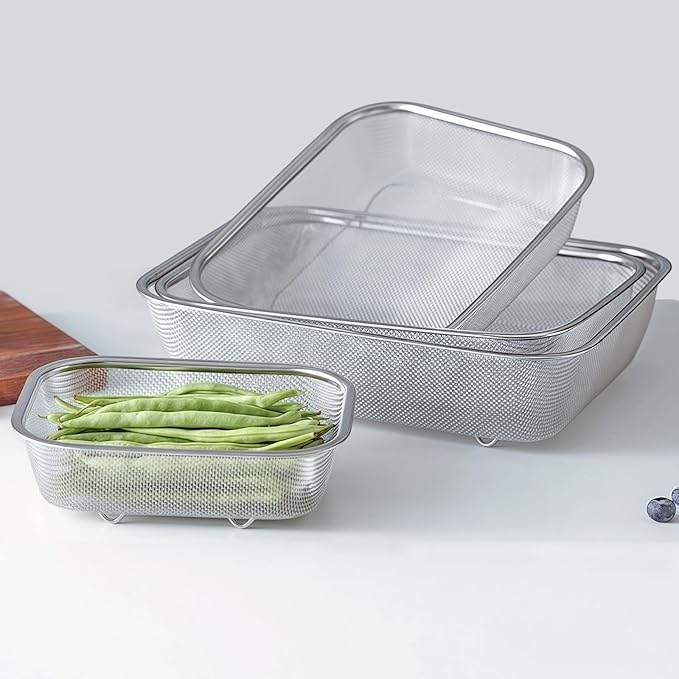 18/8 Stainless Steel Fine Mesh Strainer Basket with Feet, Rectangular Colander for Vegetables, Fruits, Pasta, Noodles – Rustproof, Durable & Easy to Clean (8.67 inch)