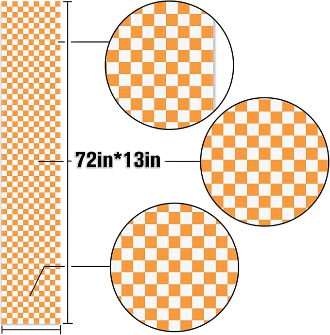 Orange Football Checkered Table Runner Tennessee Fall Thanksgiving Harvest Checkerboard Decoration for Wedding Birthday Bridal Baby Shower Home Party Kitchen Island Decor 13" x 72"