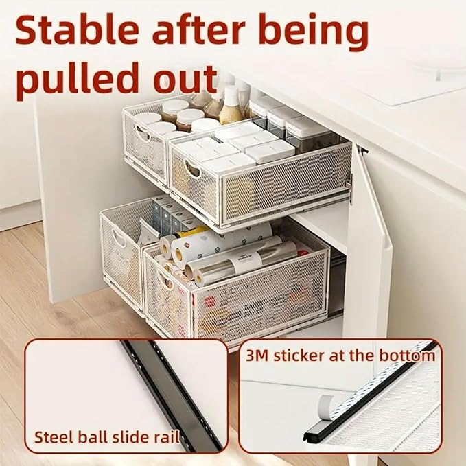 Pull out Cabinet Organizer with Sliding Drawer, 1 Pack Under Sink Organizers and Storage Rack, Adhesive Nano Film Heavy Duty Slide out Pantry Shelves for Kitchen,Sink, 9.6"W x11.8"D x 8.4"H