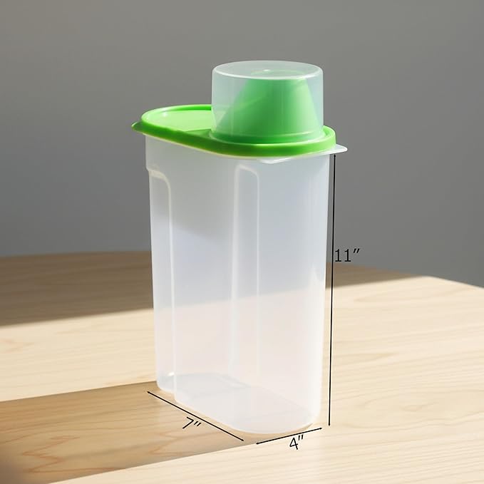 Basicwise 2.5 Liters Set of 3 Large Airtight Food Storage Containers with Pouring Spout and Measuring Cup Lid for Flour Sugar Cereal Rice Pantry Staples & Baking Ingredients in Green Pink and Yellow