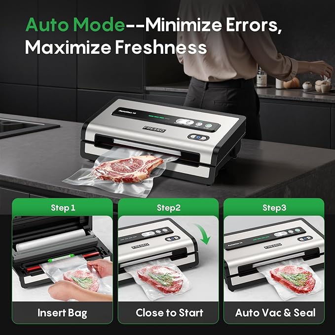 FRESKO Automatic Vacuum Sealer for Food, Hands-Free Operation Food Sealer, Continuous Seal 50 Bags in 20 Mins, Built-in Cutter & Roll Storage, Powerful Suction for Meal Prep & Bulk Food Storage