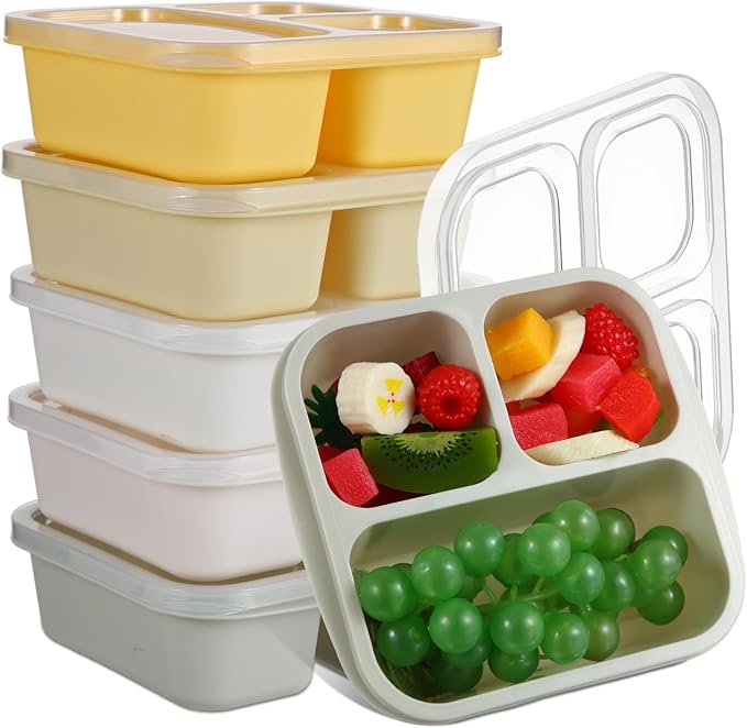 Honeydak 5 Pack Snack Containers 3 Compartment Bento Snack Boxes Divided Meal Prep Containers with Lids Reusable Adults Lunch Food Storage Box for School Work Travel(Lemon Color)