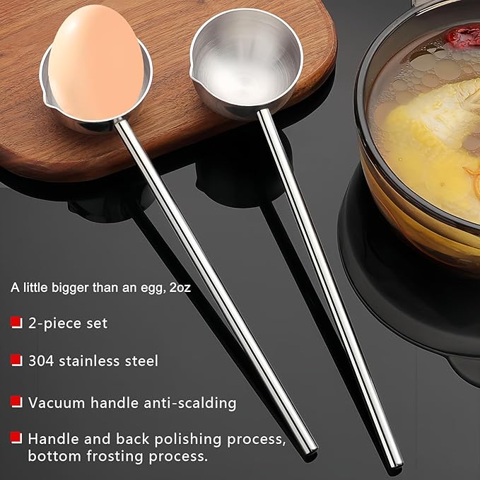 Small Soup Ladle SUS304 Stainless Steel Metal Deep Spoon With Pour Spout 2 oz Long Handle Gravy Ladles Heat-Resistant for Kitchen Cooking Serving Soups and Drizzle Sauces 2 Pack Set (10.5 inch)