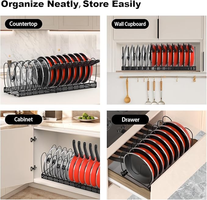 Housolution 2 Pack Pot and Pan Organizer with 14 Adjustable Dividers, 12"-23" Expandable Food Container Lid organizer Compatible with Tupperware, Pan Lid Holder Storage Rack for Cabinet, Black