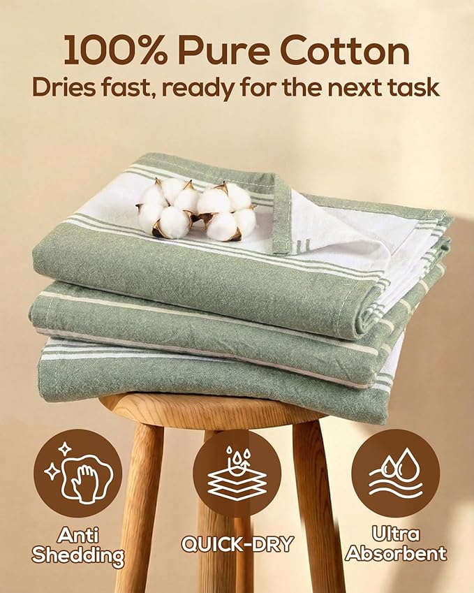Miss Adola Neutral Flour Sack Kitchen Towels - 3 Pack 18"x 26" Cotton Farmhouse Fast Drying Decorative Hand Tea Towel Dishcloth with Hanging Loop for Home Decor Housewarming Gift, Sage Green