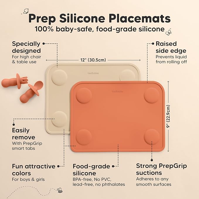 KeaBabies 2pk Silicone Placemats for Toddlers,Kids - 12x9 Non Slip Suction Baby Silicone Placemat for Restaurants,Dining Table,Travel,Easy to Clean,Food Grade/BPA-Free,Small Baby Table Mat(Terracotta)