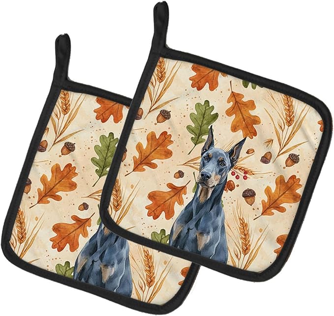 Caroline's Treasures Blue Doberman Pinscher Heirloom Fall Pair of Pot Holders Pair 7.5x7.5 Quilted Insulated Hot Pads Decorative Kitchen Gift Made in USA
