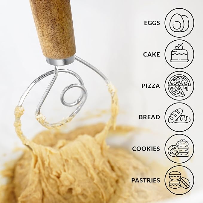 Zulay Kitchen 13-Inch Danish Dough Whisk - Stainless Steel Wooden Whisk with Dough Hook - Sourdough Whisk for Bread, Pizza, Pastry, Cake Batter & More - 2 Pack Acacia